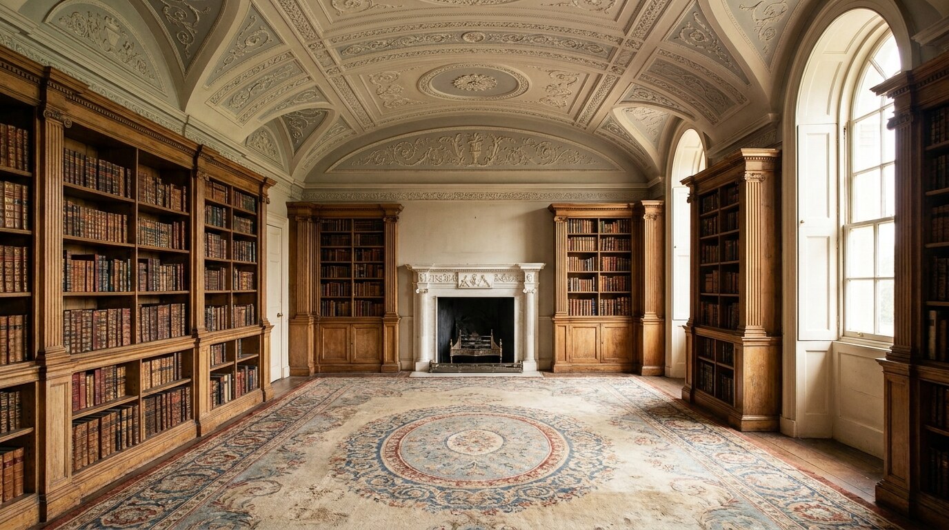 Robert Adam library interior in the manner of Kenwood House, with low-relief ceiling plasterwork and a Carrara marble chimneypiece