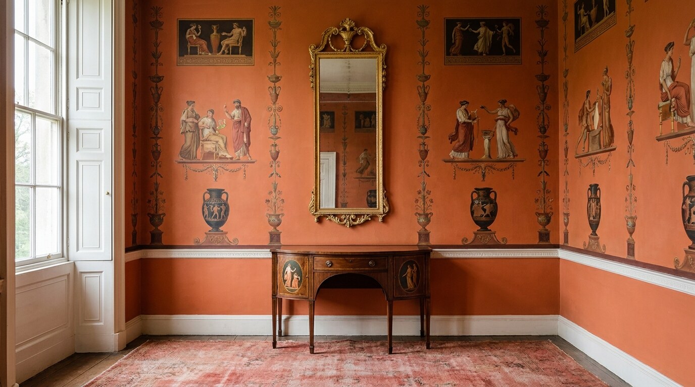 The Etruscan Dressing Room at Osterley Park, completed 1779, with terracotta walls and figural panels by Pietro Maria Borgnis