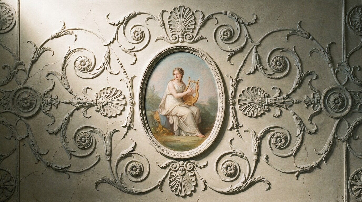 Detail of Adam-style ceiling plasterwork by Joseph Rose, with Zucchi-style oval medallion and anthemion ornament