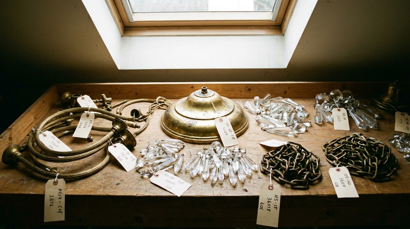 A chandelier disassembly: brass arms, glass elements, and chain components catalogued for reassembly