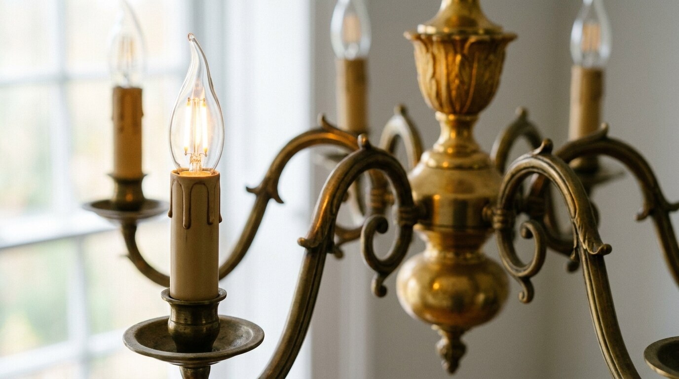 A flame-tip LED bulb in a candle sleeve on a restored antique brass chandelier