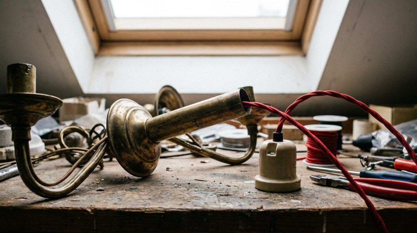 Workshop rewire of a historic chandelier arm with heat-resistant flex and ceramic-bodied lampholder