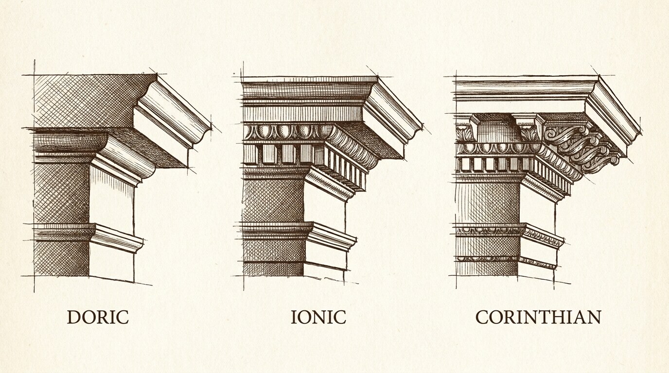 Three classical cornice profiles compared: Doric, Ionic, and Corinthian