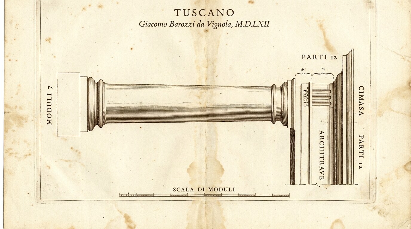 A plate from Vignola's Regola delli cinque ordini d'architettura, 1562, showing the Tuscan order