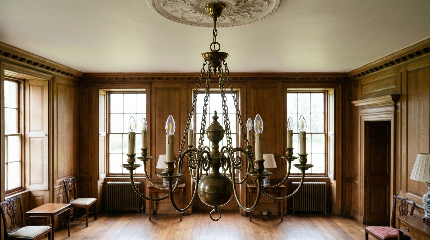 A restored antique brass chandelier suspended in a panelled drawing room, with twelve arms, candle-style sleeves over flame-tip LED bulbs, and chains hooked to a brass canopy at the ceiling