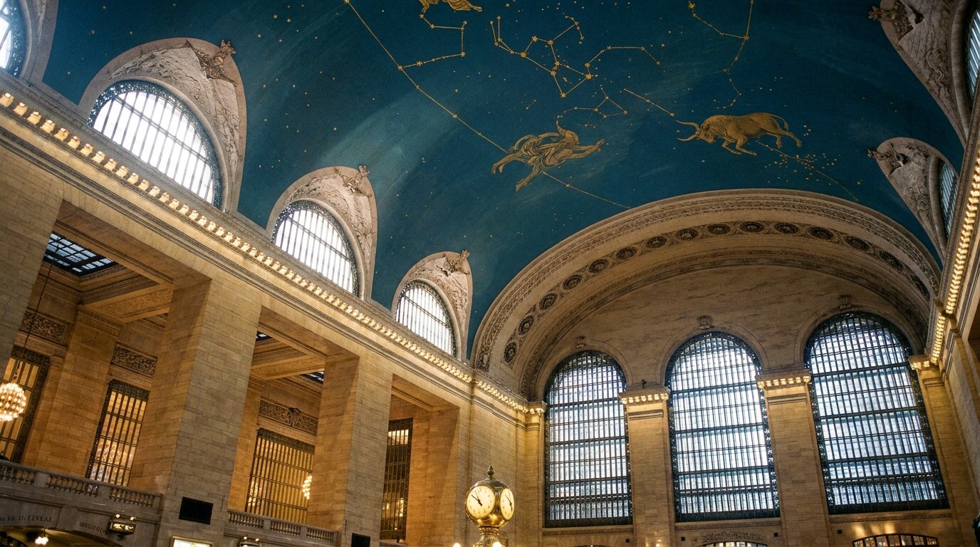 Grand Central Terminal main concourse looking up at the celestial ceiling, with arched cathedral windows, marble walls, and gold-leafed astrological figures painted by Paul César Helleu