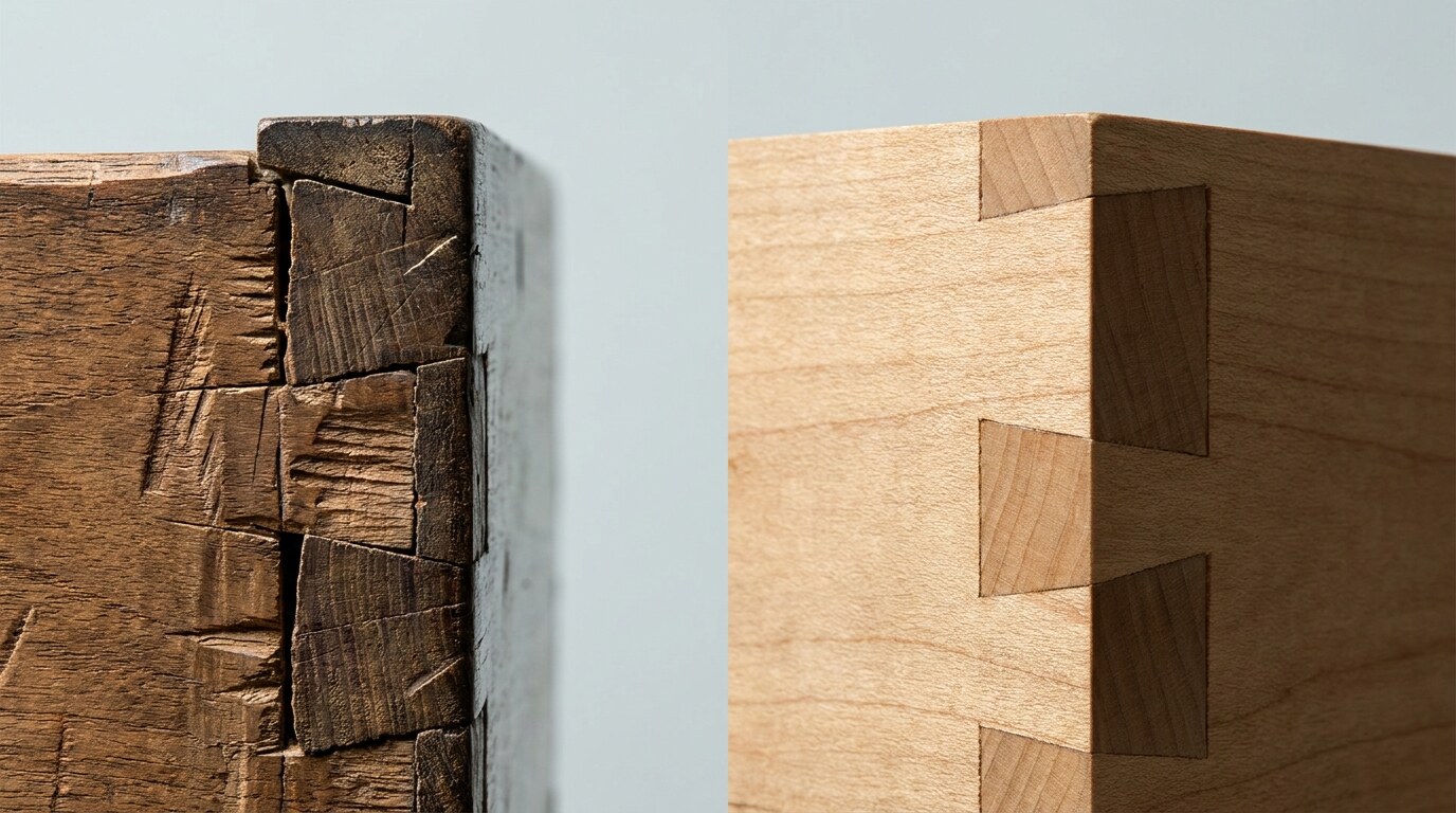 Hand-cut Georgian dovetail (left) compared with machine-cut 1900 dovetail (right)