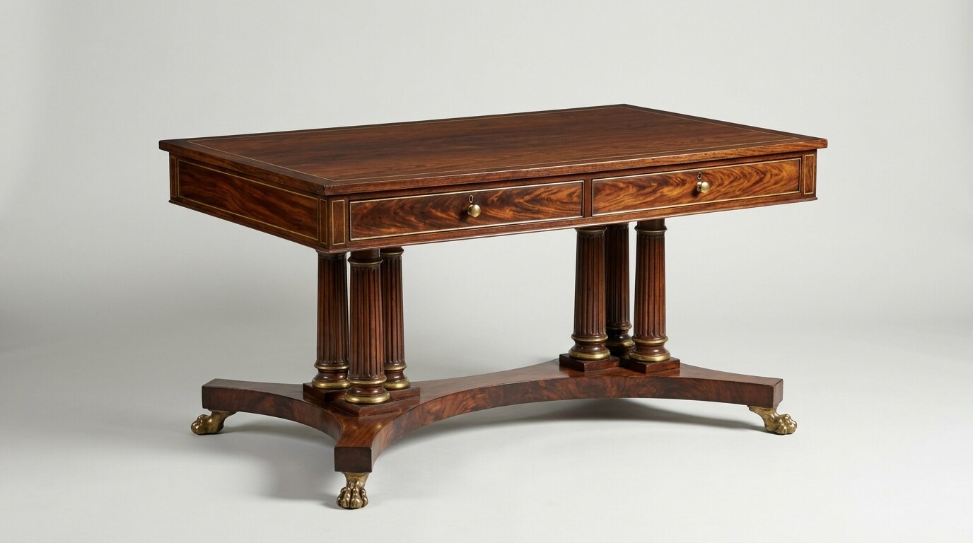 A Regency rosewood library table, c. 1815, with brass stringing and paw-foot castors