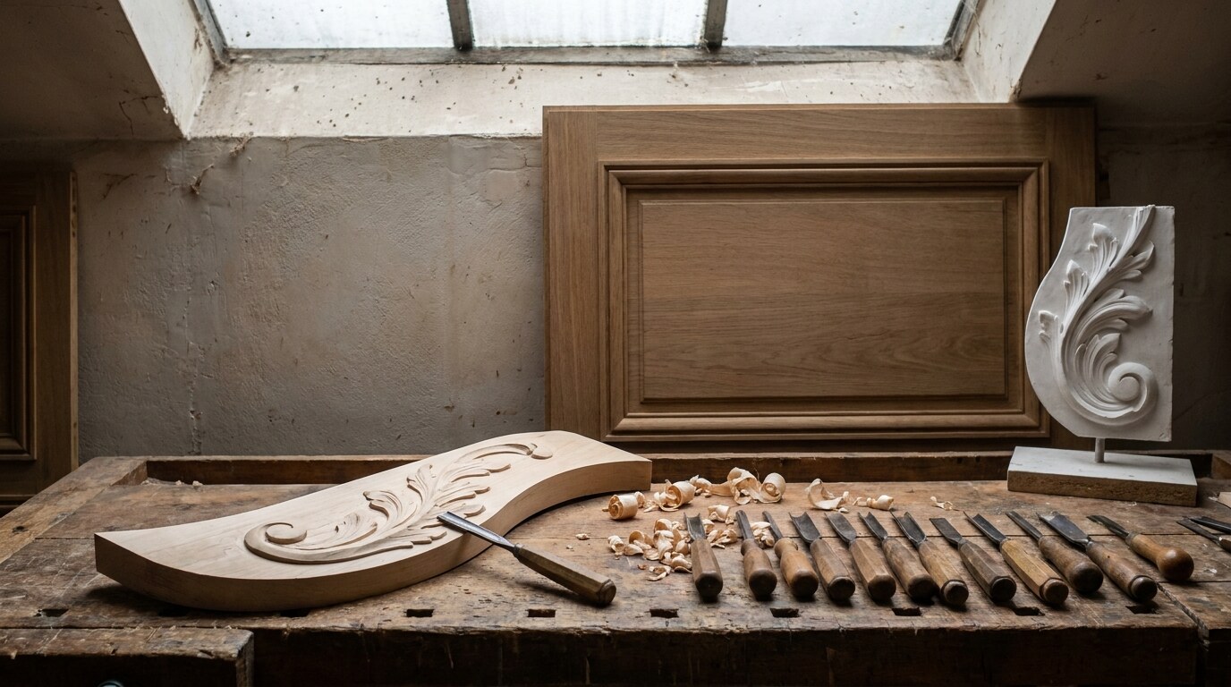 A Paris atelier carving a limewood rocaille enrichment to be applied to an oak boiserie panel
