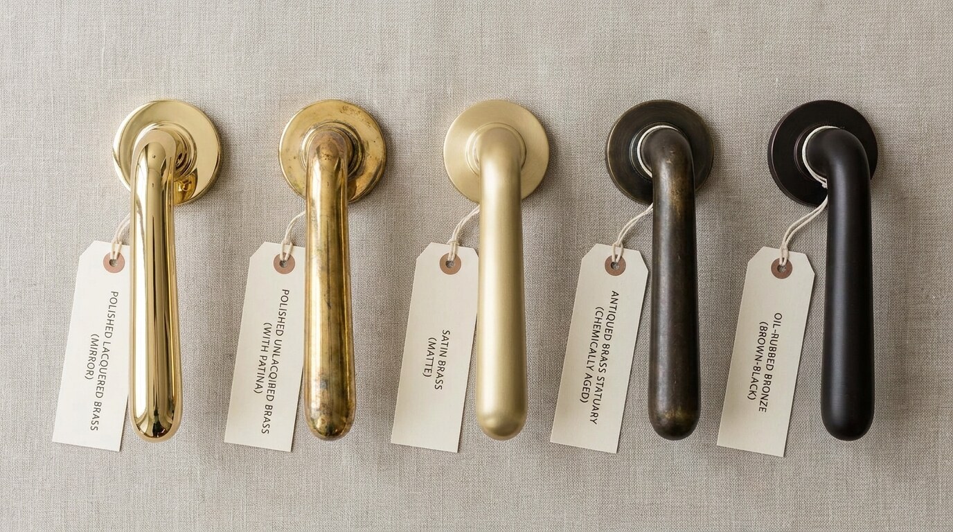 Five brass door-handle finish samples compared