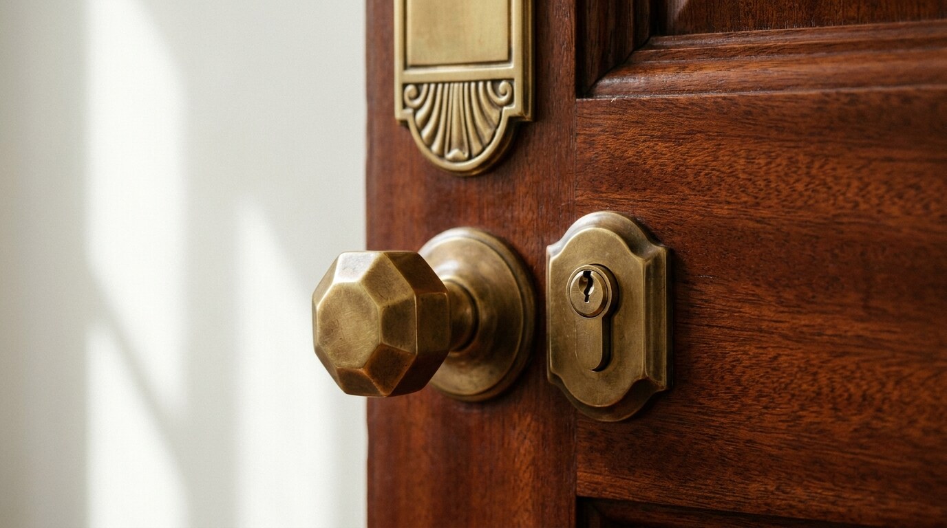A polished door with classical brass hardware: a faceted door knob, escutcheon plate with cylinder lock, and finger plate above, all in unlacquered brass with mid-warm patina