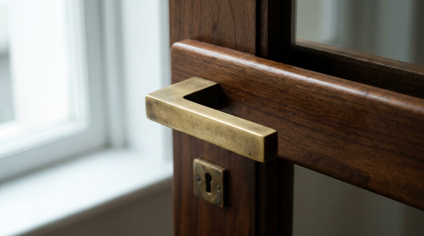An Olivari door handle after Carlo Scarpa's archive design, in unlacquered brass
