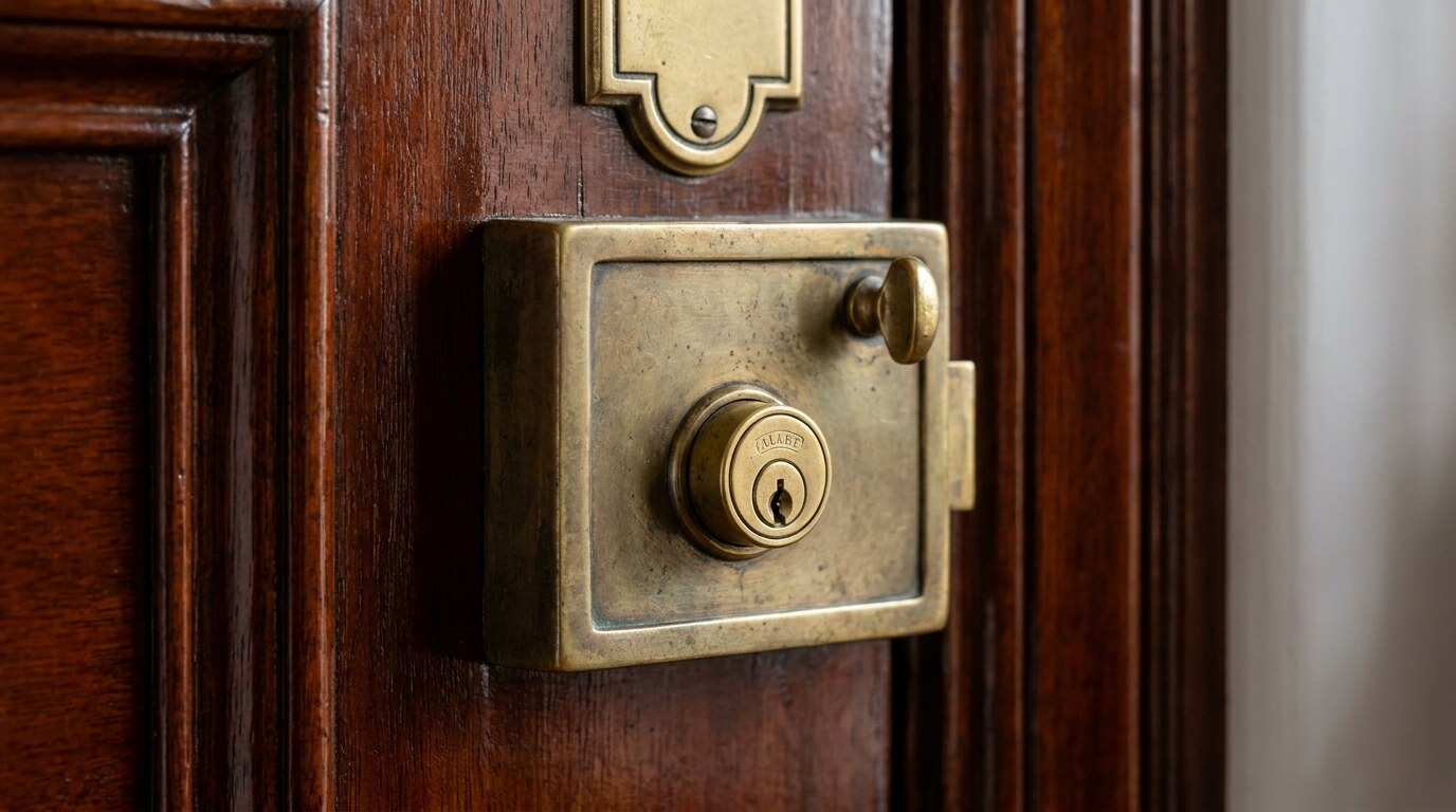 A Frank Allart brass rim lock and escutcheon plate on a mahogany door