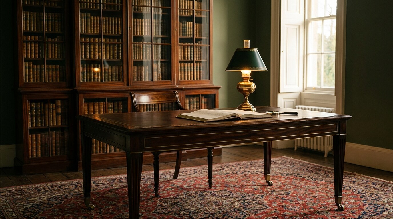 A Regency rosewood library table and George III mahogany breakfront bookcase