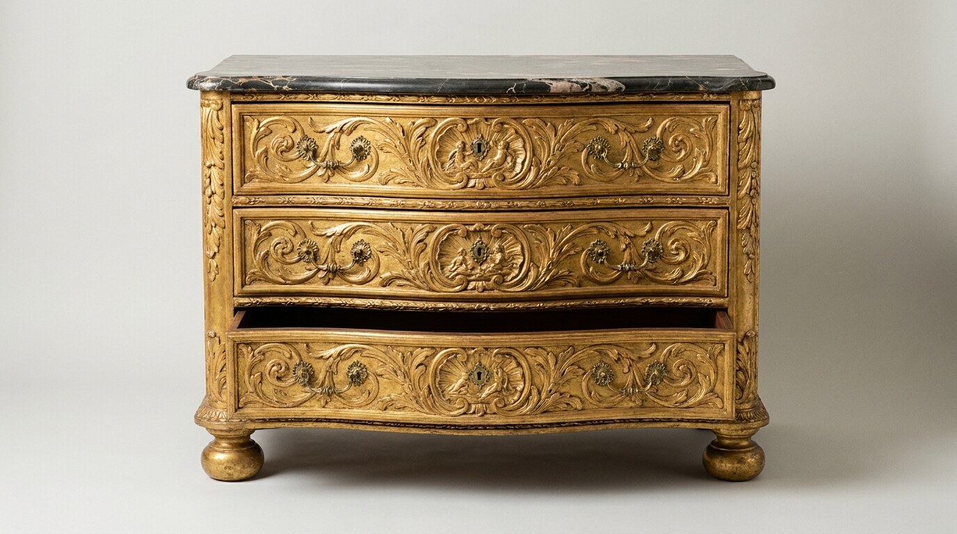 A Genoese giltwood serpentine cassettone, c. 1740, with carved acanthus and shell ornament