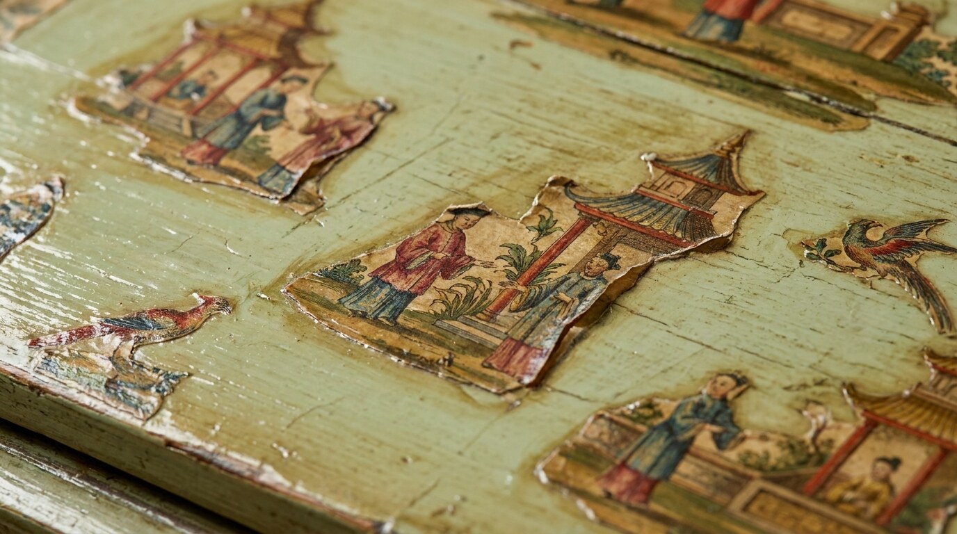 Detail of lacca povera technique on a Venetian cassettone, with printed paper cut-out chinoiserie figures