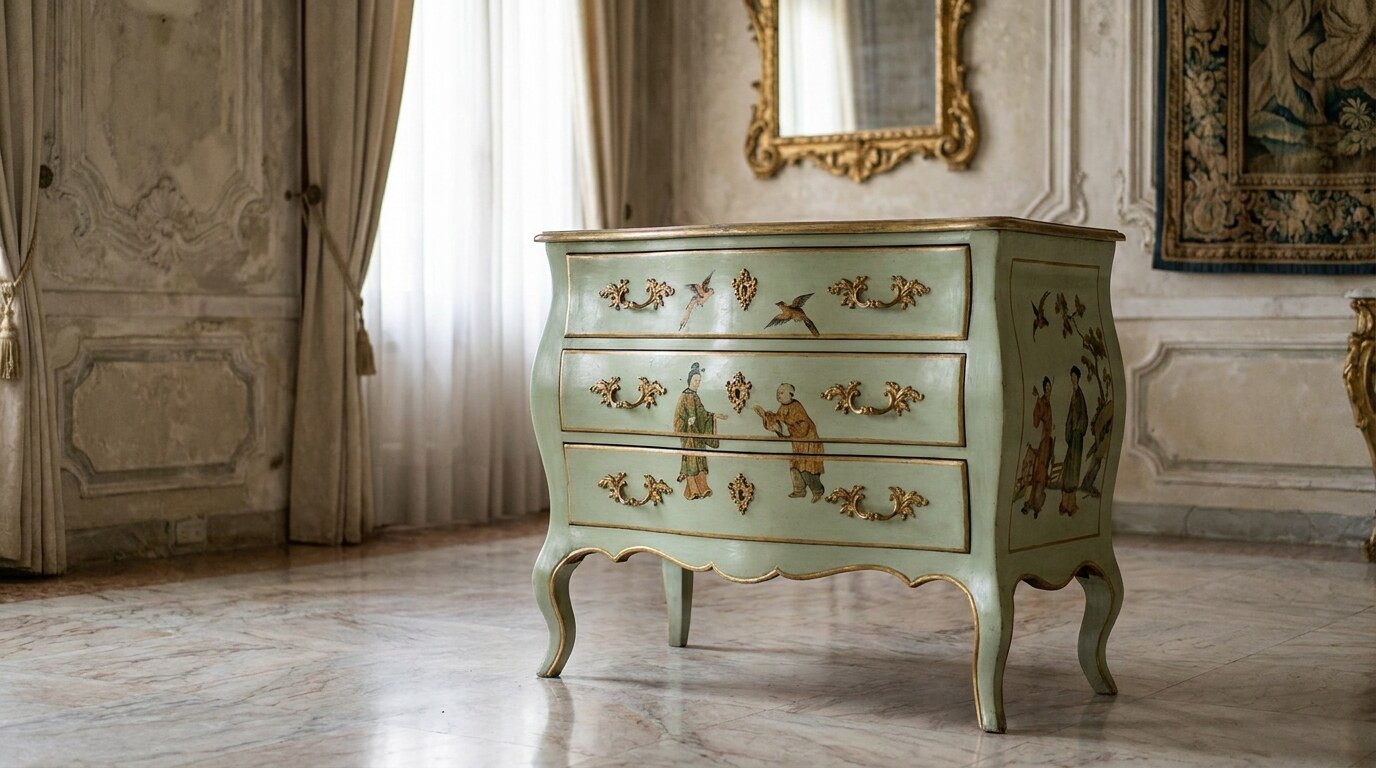 A bombé-fronted Venetian cassettone in lacca povera (printed paper cut-outs varnished onto a pale green ground) decorated with chinoiserie figures and birds, on cabriole legs