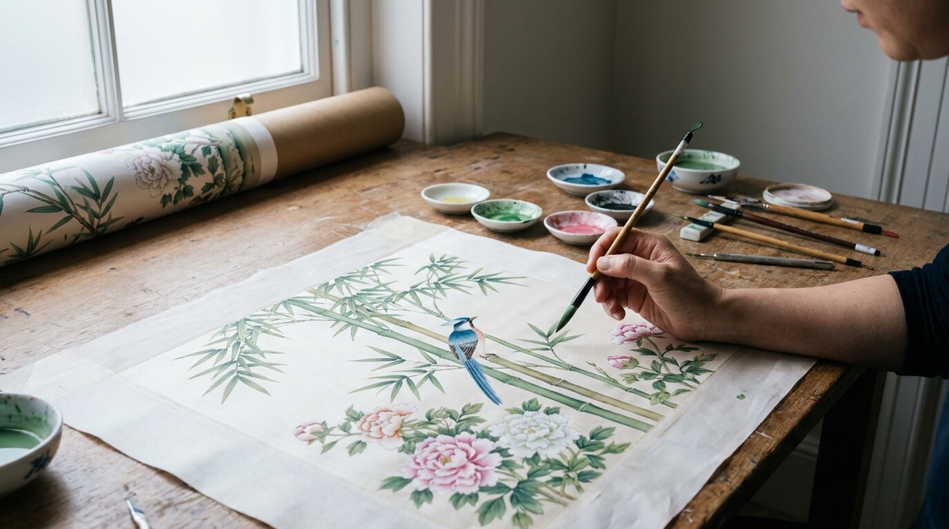 A de Gournay painter working on a hand-painted chinoiserie wallpaper panel