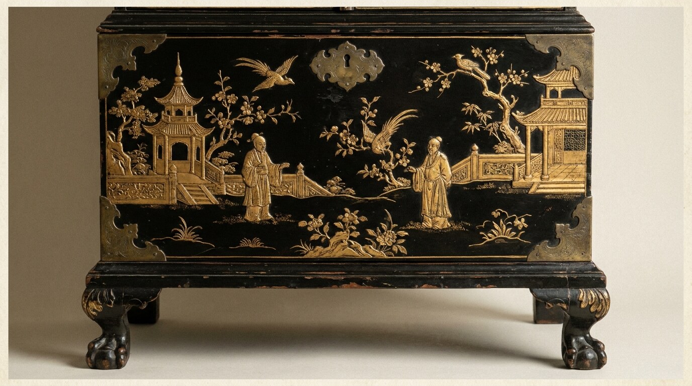 An English japanned cabinet, c. 1690, with raised gilt chinoiserie decoration on black lacquer ground