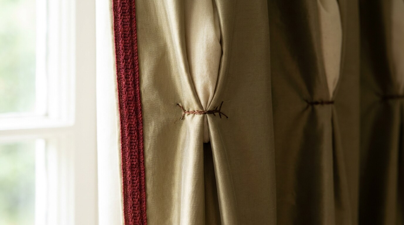 Hand-stitched buckram goblet-pleat heading on silk taffeta with silk gimp leading edge
