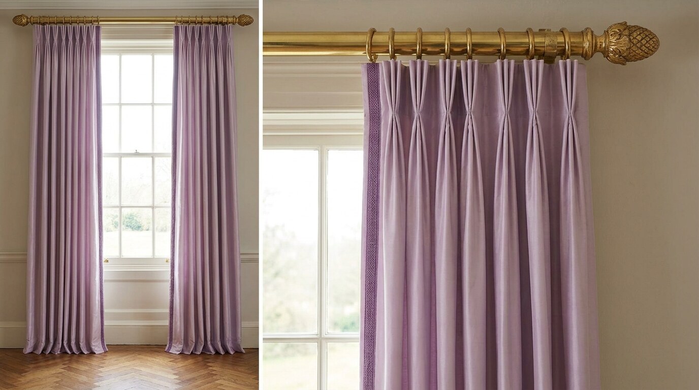 Floor-to-cornice silk taffeta curtains in pale lilac with goblet-pleat heading, contrast leading edge in silk gimp, hand-stitched buckram, on a polished brass pole with carved giltwood finial