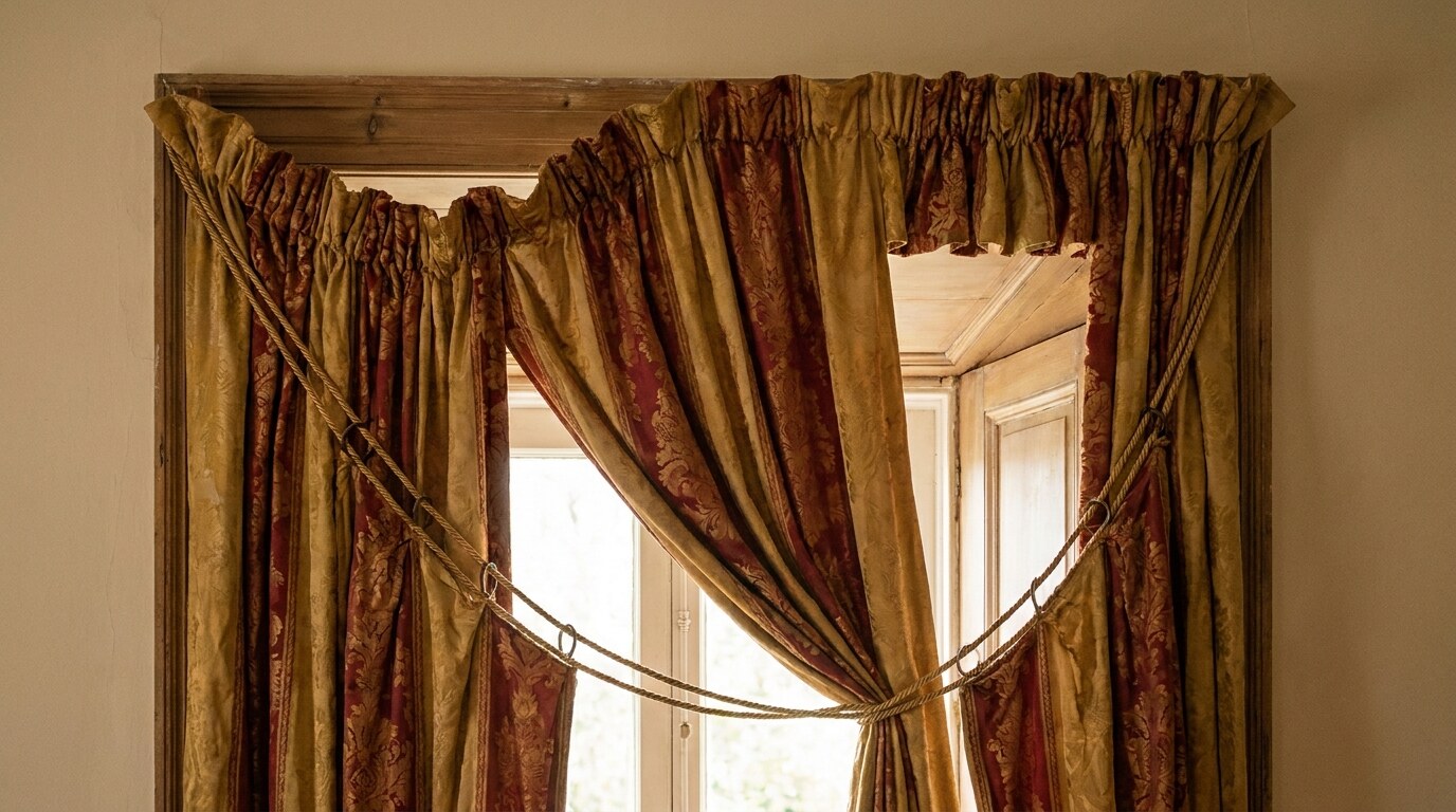 An Italian-strung silk damask curtain heading, drawing in arc