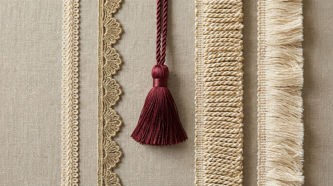Five passementerie trims compared: silk gimp, fan-edge, key tassel, bullion fringe, brush fringe
