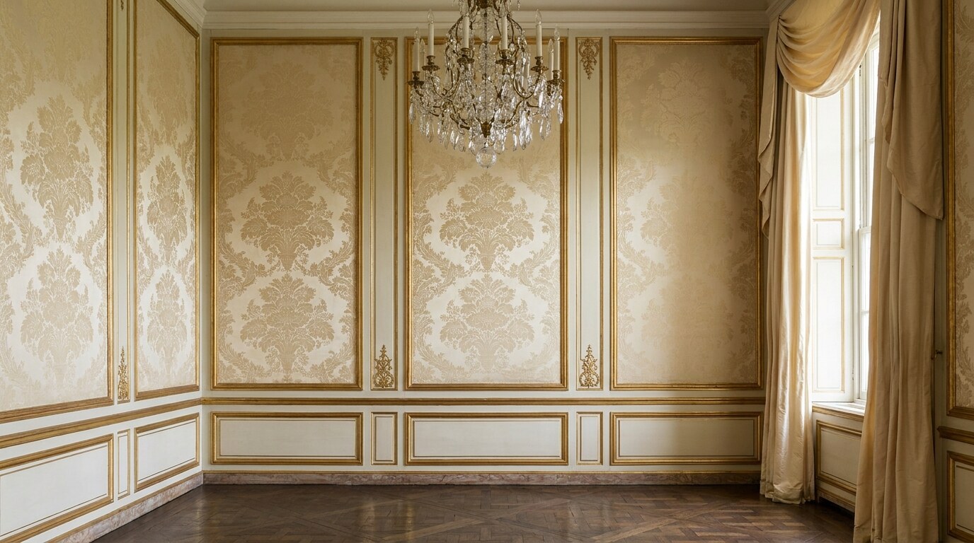 A state room installed with Louis XIV grande dimension silk damask in pale gold on cream