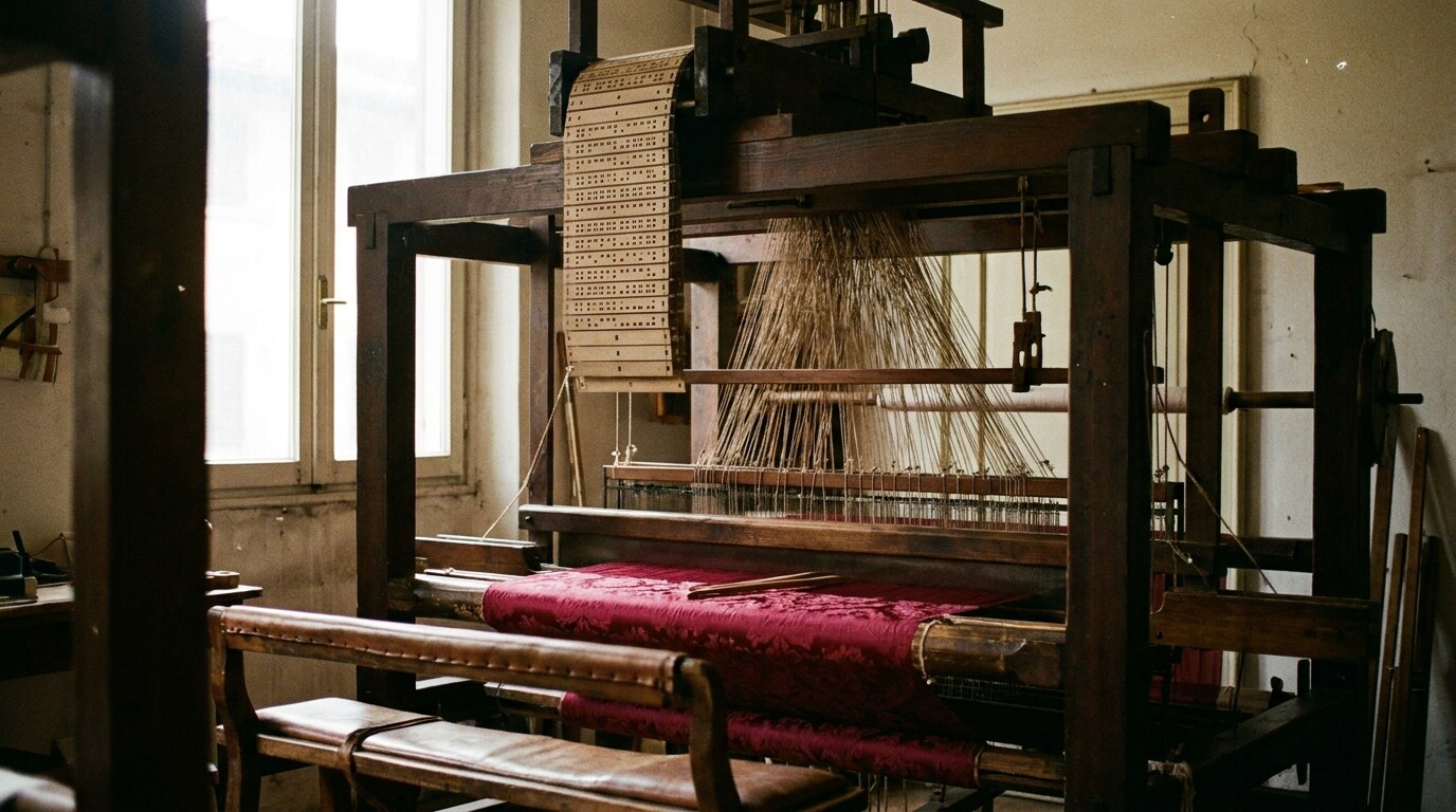 An 18th-century Jacquard loom at Antico Setificio Fiorentino, Florence, in active production