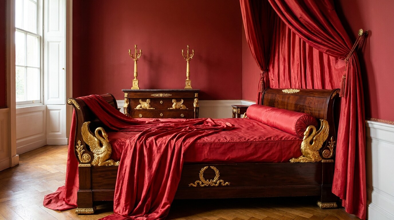 An Empire bedroom with bateau bed, mahogany commode mounted with ormolu sphinx and laurel motifs, gilt-bronze candelabra, and red silk wall hangings