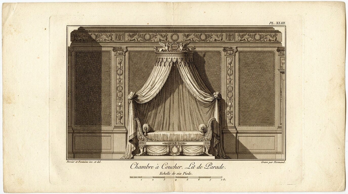 A page from Percier and Fontaine's Recueil de décorations intérieures, 1801, showing an Empire bedroom