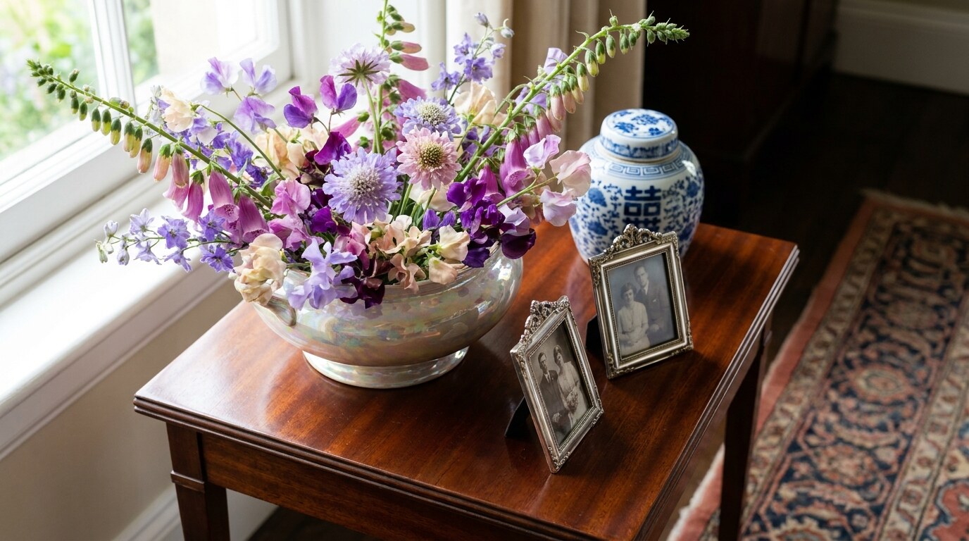 Cut garden flowers in a lustreware bowl, with silver photographs and blue-and-white porcelain on a mahogany side table