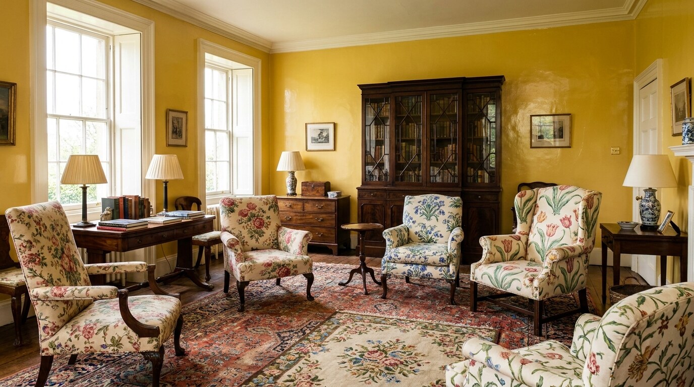 A drawing room in the manner of Nancy Lancaster's Yellow Drawing Room, 22 Avery Row, London W1, 1957