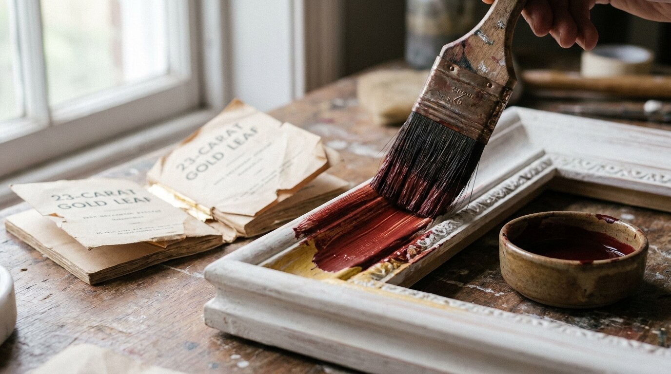 A gilder applying red Armenian bole over a yellow under-coat on a gesso-prepared frame moulding