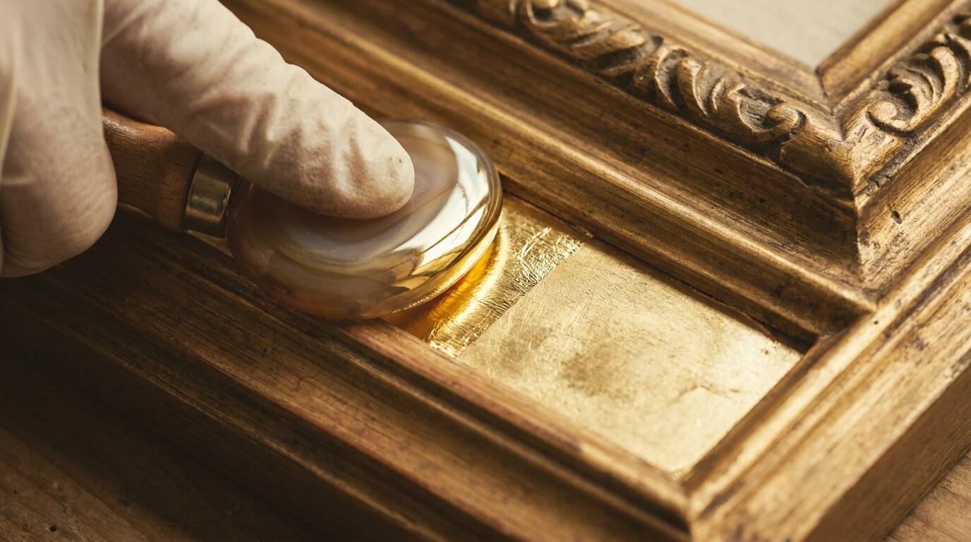 An agate burnisher polishing water-gilded 23-carat leaf to mirror finish