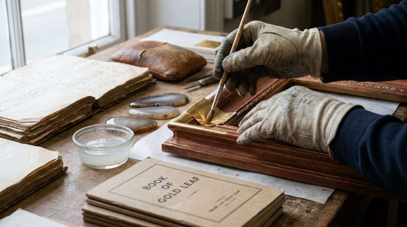 A gilder applying loose-leaf gold