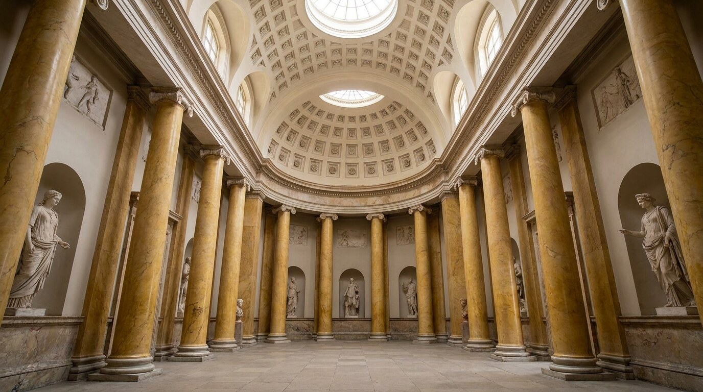 The Marble Hall at Holkham Hall, Norfolk: Roman ionic columns of yellow Sienese alabaster, coffered apse, classical statuary in niches, Roman-derived Palladian composition