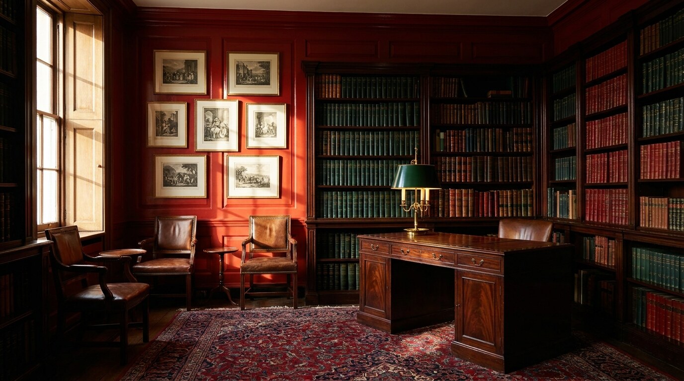 A Mark Hampton library with red lacquered walls, brown furniture, framed prints, books bound in green and red, and a polished mahogany desk under a brass library lamp