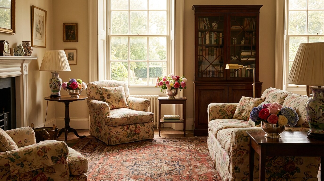 A Parish-Hadley-style drawing room with layered chintz, faded carpet, and brown furniture