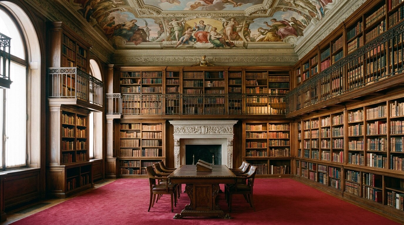 The Morgan Library East Room interior: triple-tier walnut bookcases on three walls, deep red Persian carpet on the floor, classical ceiling fresco above, fireplace and reading table in foreground