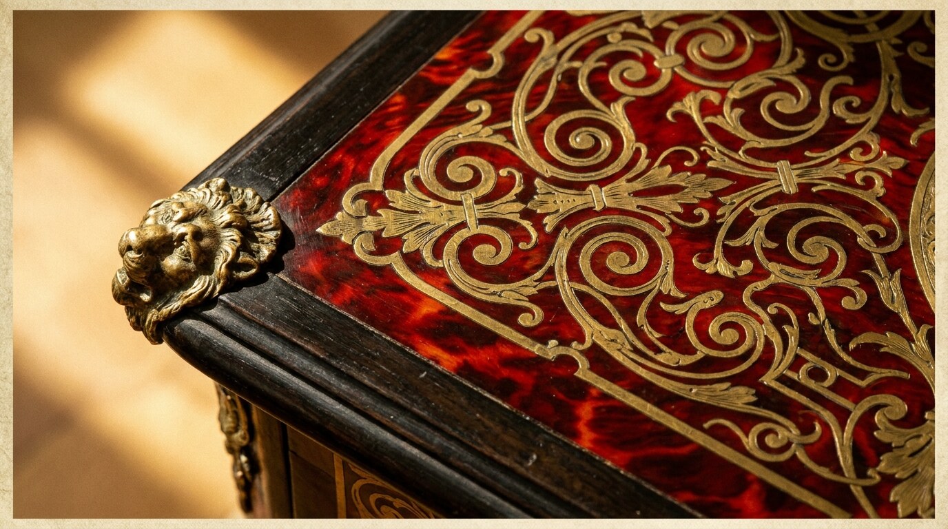 Boulle marquetry detail: engraved brass on tortoiseshell ground, with ormolu lion-mask mount