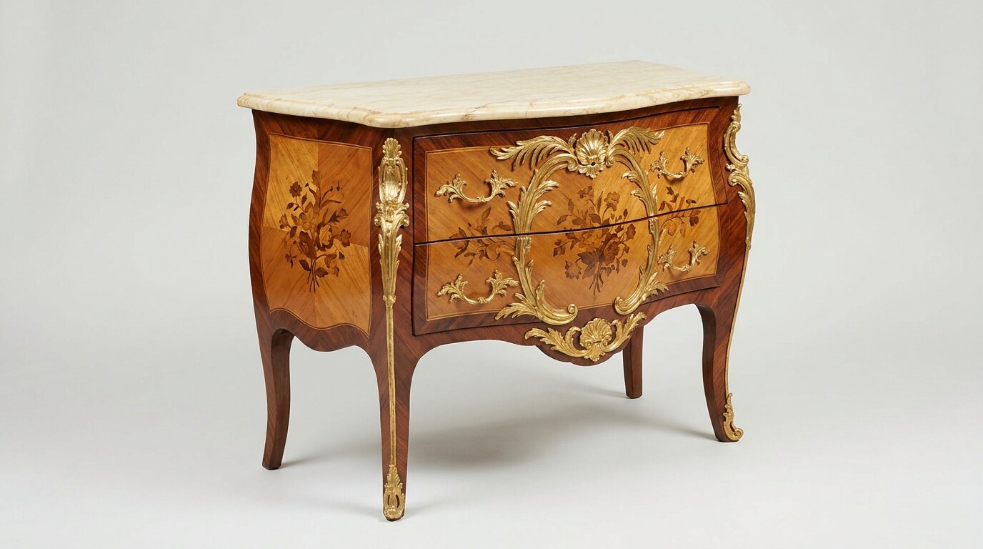 A Louis XV bombé commode by Bernard II van Risenburgh, c. 1745, with rocaille ormolu mounts and floral marquetry