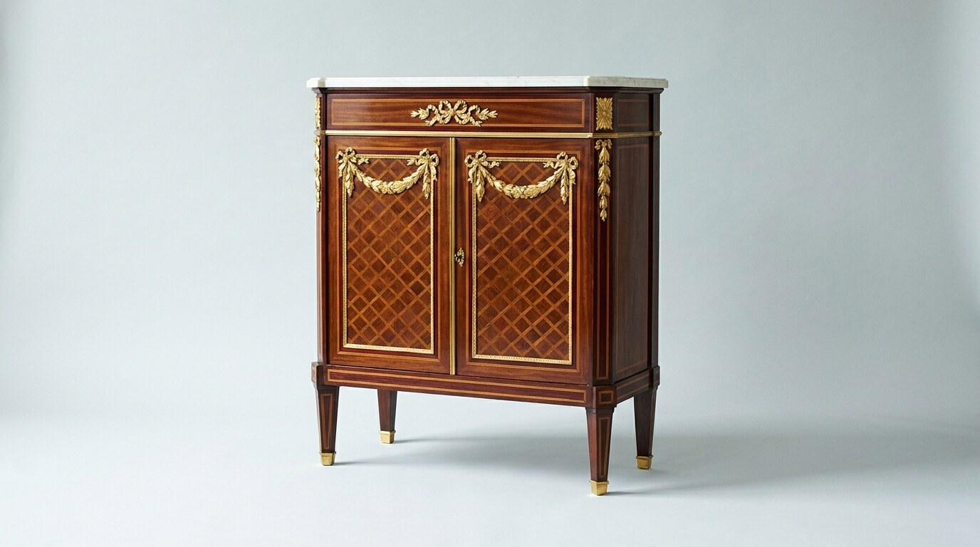 A Louis XVI cabinet by Jean-Henri Riesener with neoclassical ormolu mounts and trellis marquetry