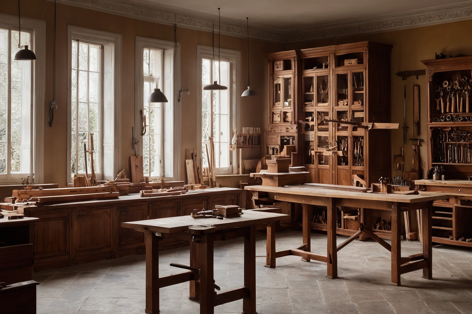 Italian furniture workshop with walnut boards, workbenches and a half-built classic cabinet frame