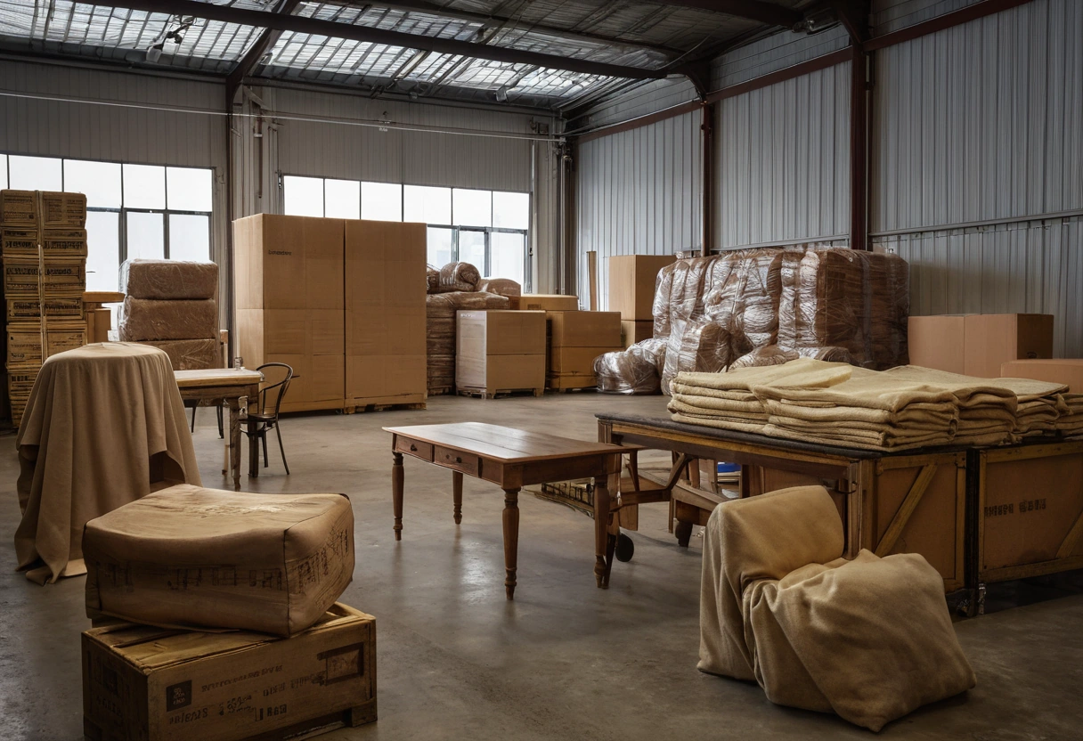 Finished classic furniture pieces wrapped and crated for export inside an Italian workshop