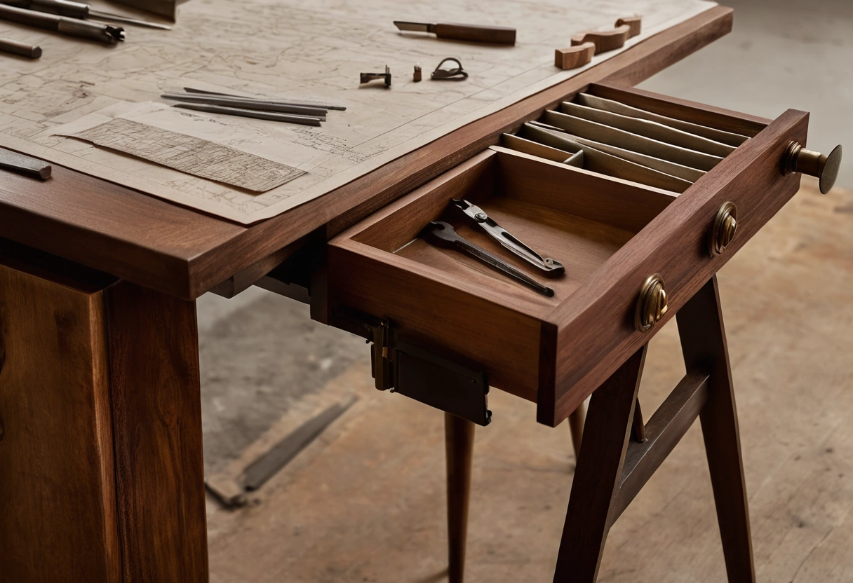 Workbench with furniture drawings, wood samples and calipers in a small Italian furniture workshop