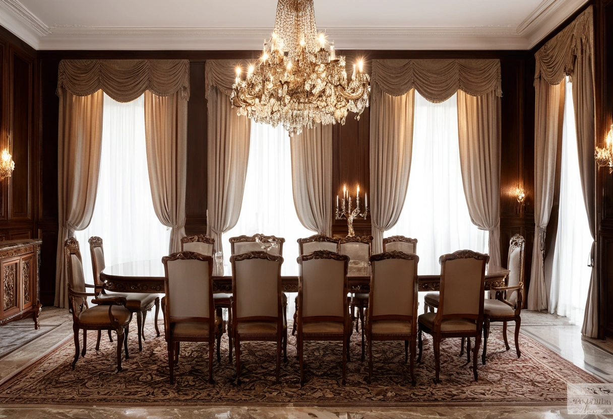 Finished classic Italian dining room with a hand-carved walnut dining set