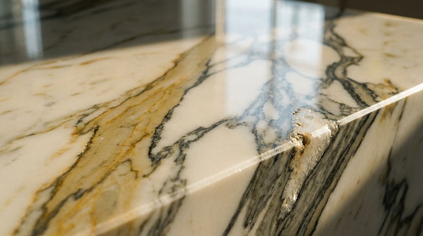 Calacatta marble surface detail, showing characteristic gold and grey veining on cream ground