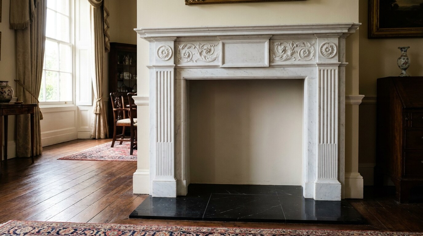A Carrara marble chimneypiece in a Georgian drawing room, with Negro Marquina hearth