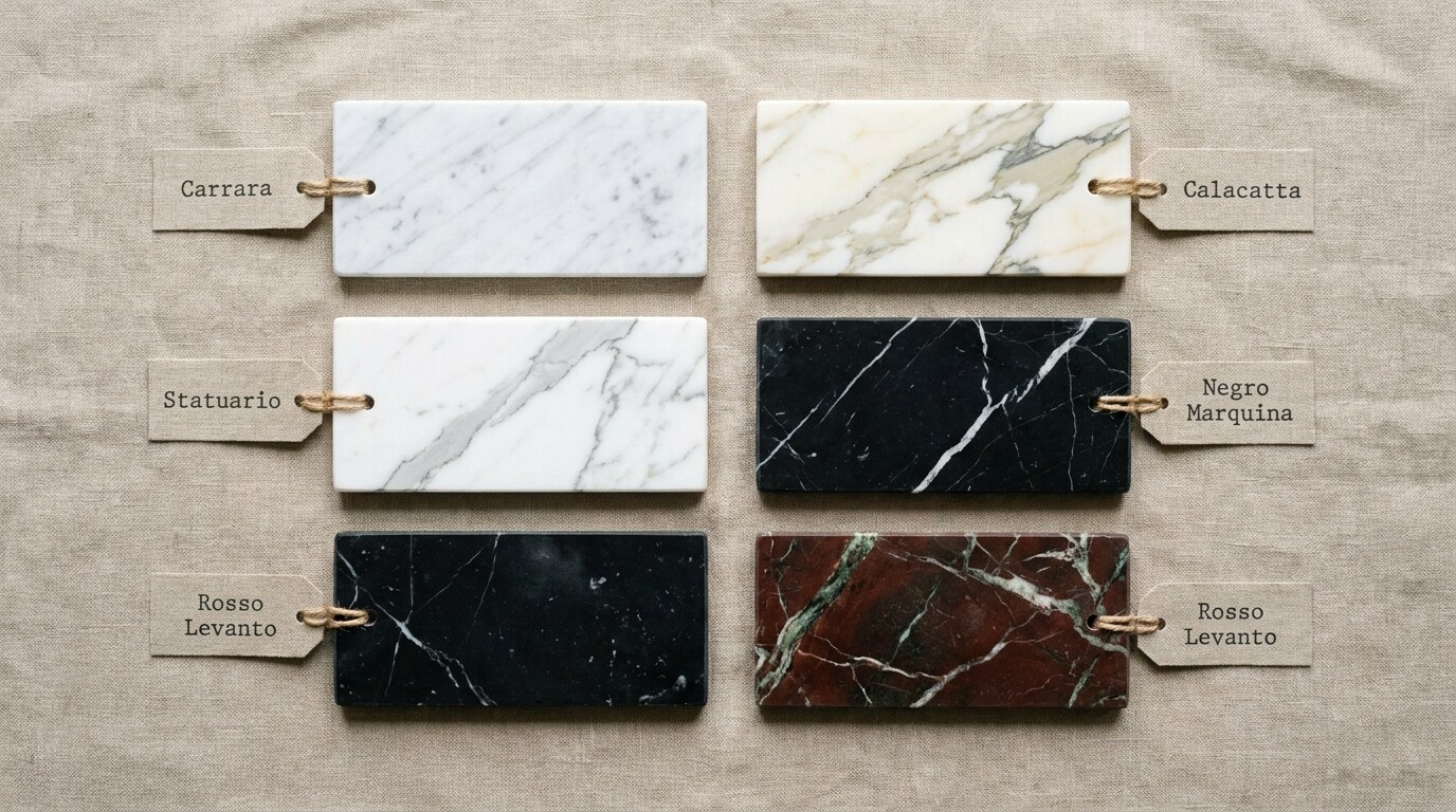 Five marble samples on neutral linen